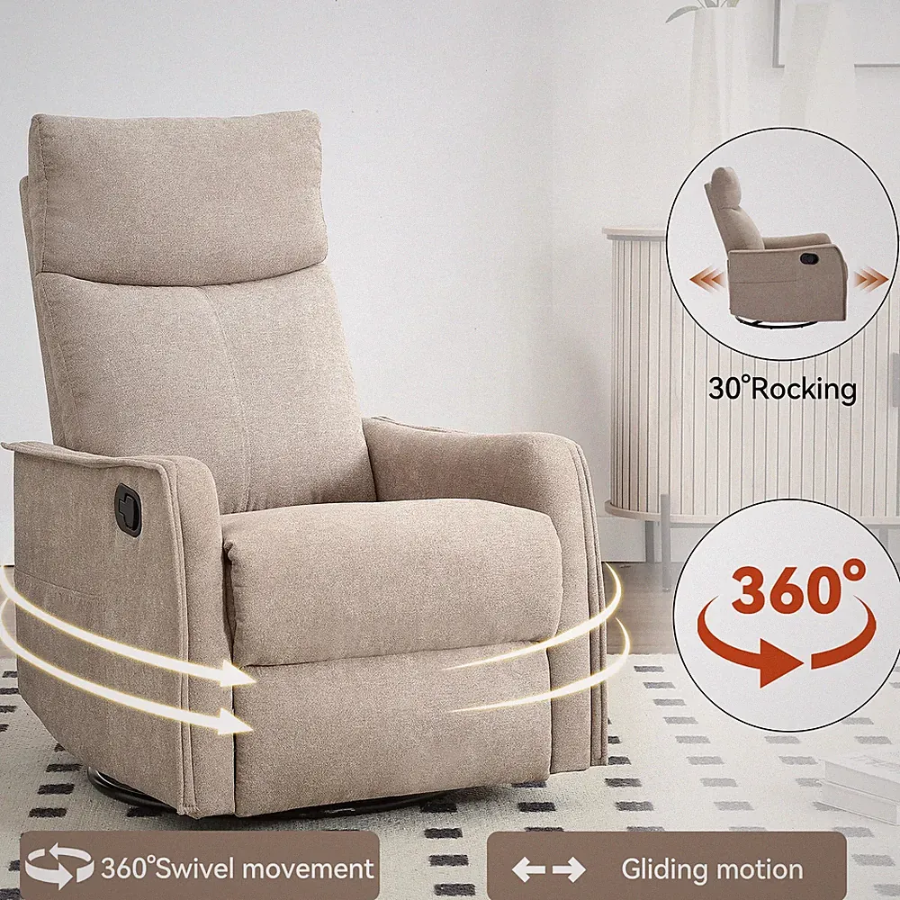 Fabric swivel recliner chair with heat massage, rocker, 360 degree, khaki