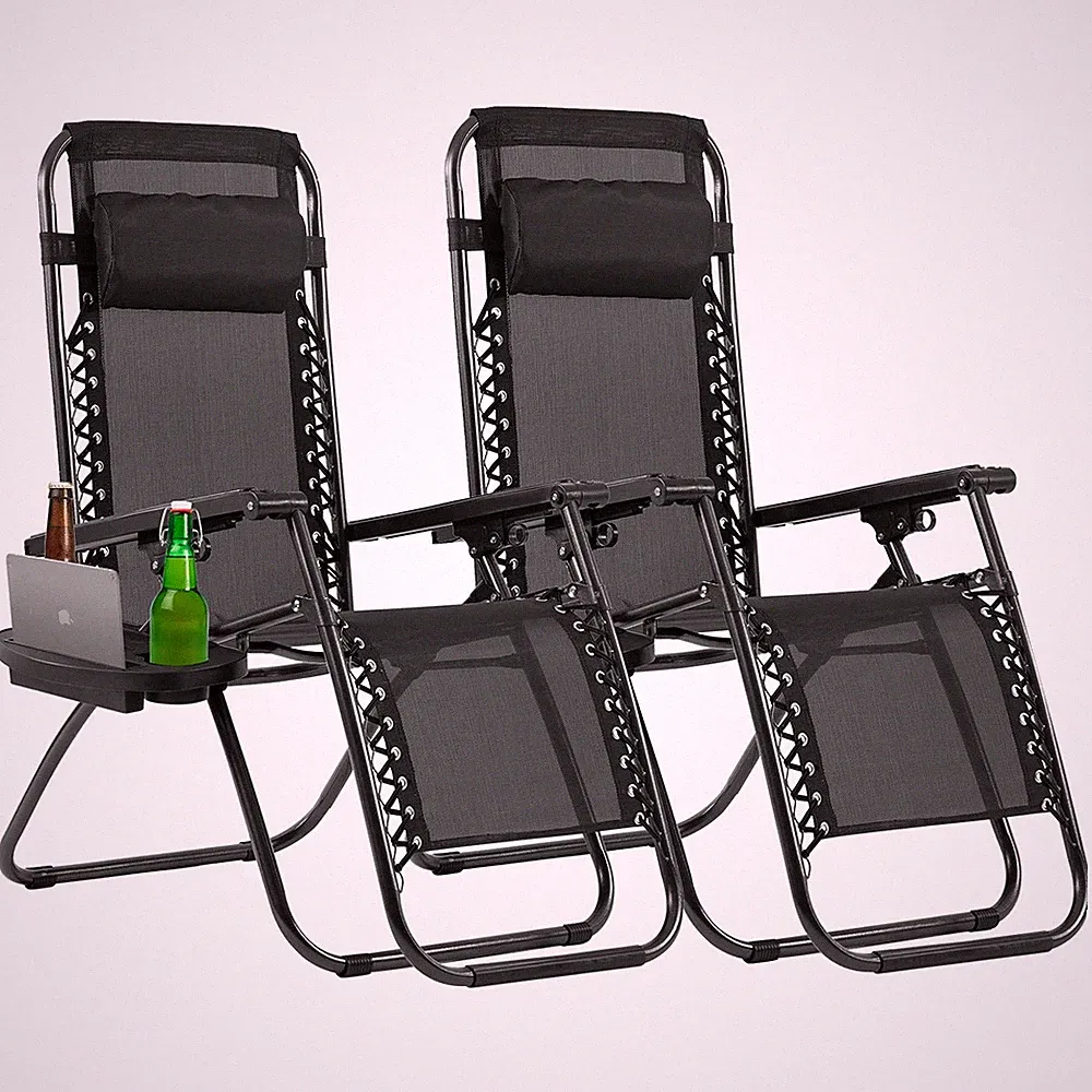 Set of 2 Adjustable Zero Gravity Chair Folding Reclining Lounge Chairs with P...